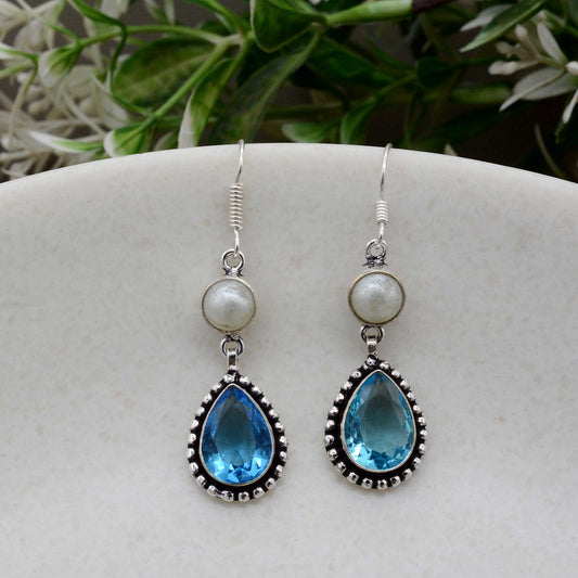 Aquamarine Teardrop with Pearl accents Earrings for Women
