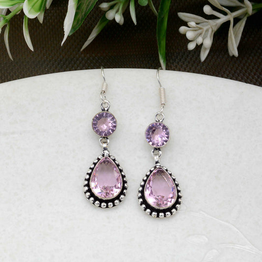 Minimalist Dangle Rose Quartz Dotted Drop Earrings Gift For Her