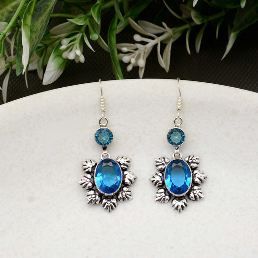 Yuletide Azure Aquamarine Precious Gemstone Floral Earrings | Minimalist Dangle Earring