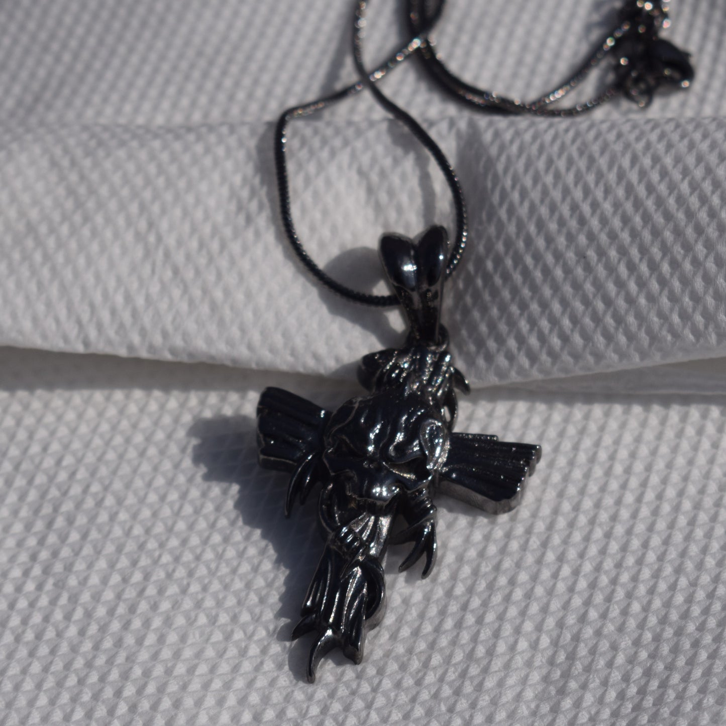Antique Skull Cross Pendant Black Gold Plated - Gothic Dark Necklace