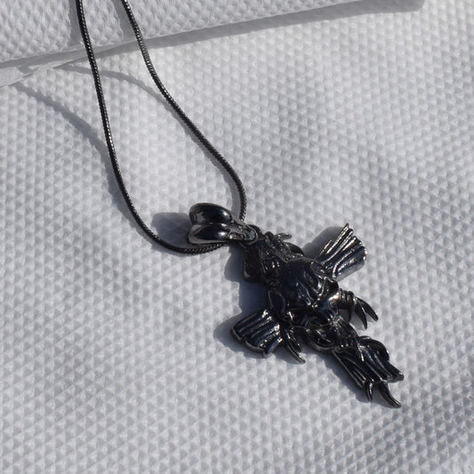 Antique Skull Cross Pendant Black Gold Plated - Gothic Dark Necklace