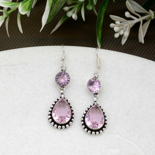 Minimalist Dangle Rose Quartz Dotted Drop Earrings Gift For Her
