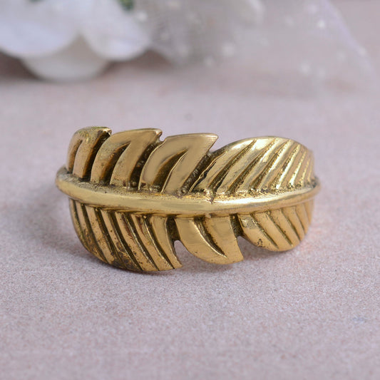 Gold Plated Anti-Tarnish  Handmade Brass Feather or Leaf Ring || Unisex