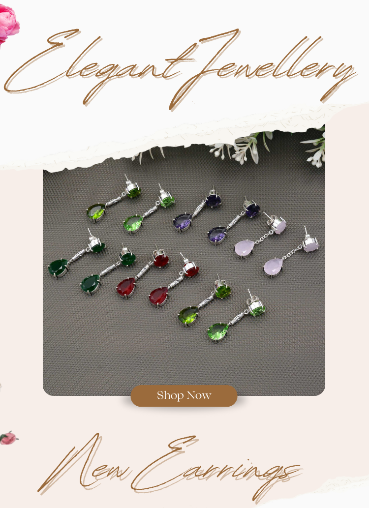 Set of colorful earrings on a gray background with floral decorations and 'Elegant Jewellery' text.
